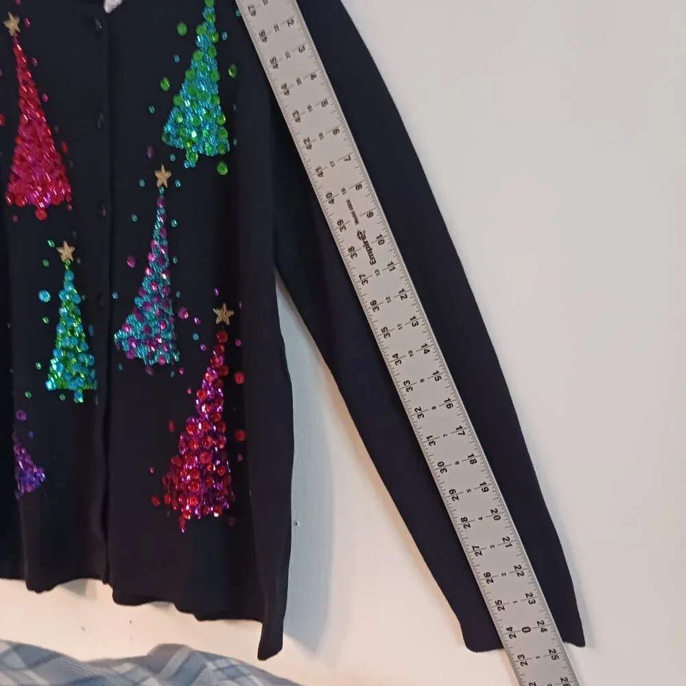 Quaker Factory NWOT Black Christmas Cardigan W/ Multi Color Sequins, Size Med.